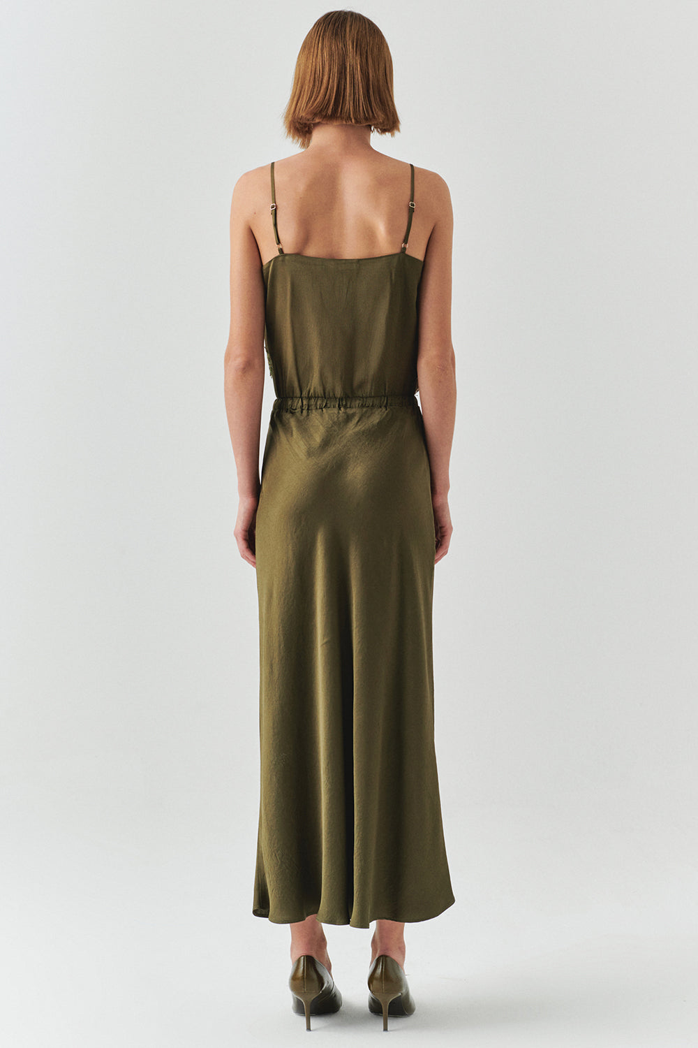 Exquise-Bağcıklı Regular Saten Midi Haki Etek-ETEK-4-Milagron.com