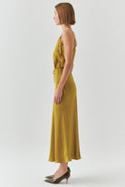 Exquise-Bağcıklı Regular Saten Midi Lime Etek-ETEK-2-Milagron.com