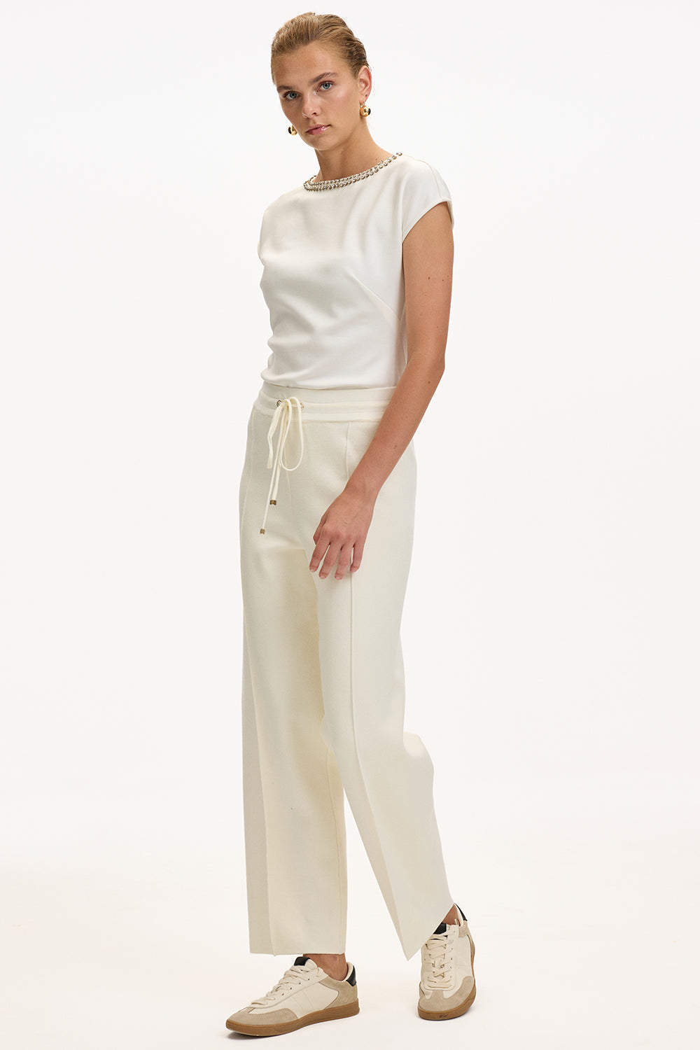 Exquise-Bağcıklı Regular Triko Ekru Pantolon-2-Milagron.com