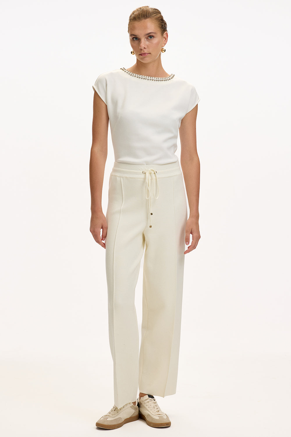 Exquise-Bağcıklı Regular Triko Ekru Pantolon-3-Milagron.com
