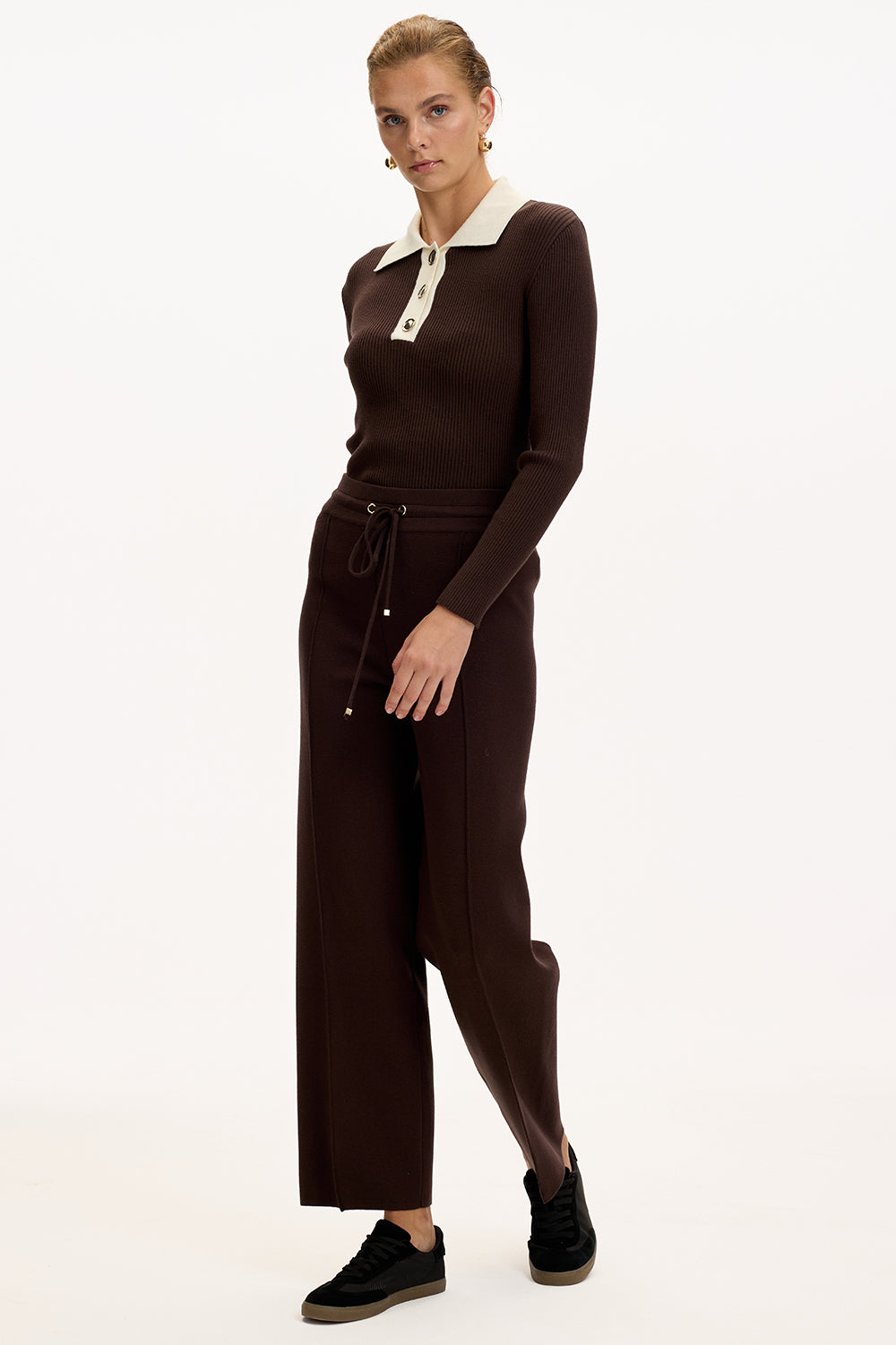 Exquise-Bağcıklı Regular Triko Kahve Pantolon-2-Milagron.com