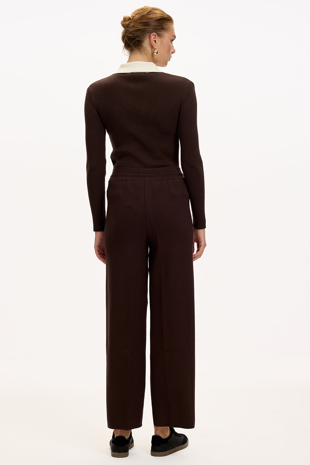 Exquise-Bağcıklı Regular Triko Kahve Pantolon-5-Milagron.com