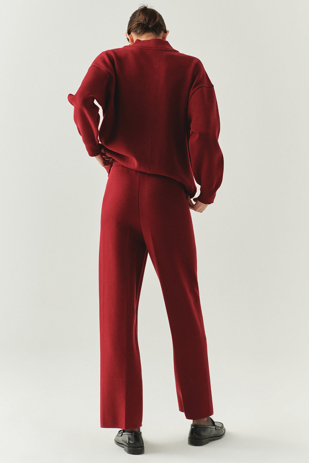 Exquise-Bağcıklı Regular Triko Vişne Pantolon-PANTOLON-3-Milagron.com