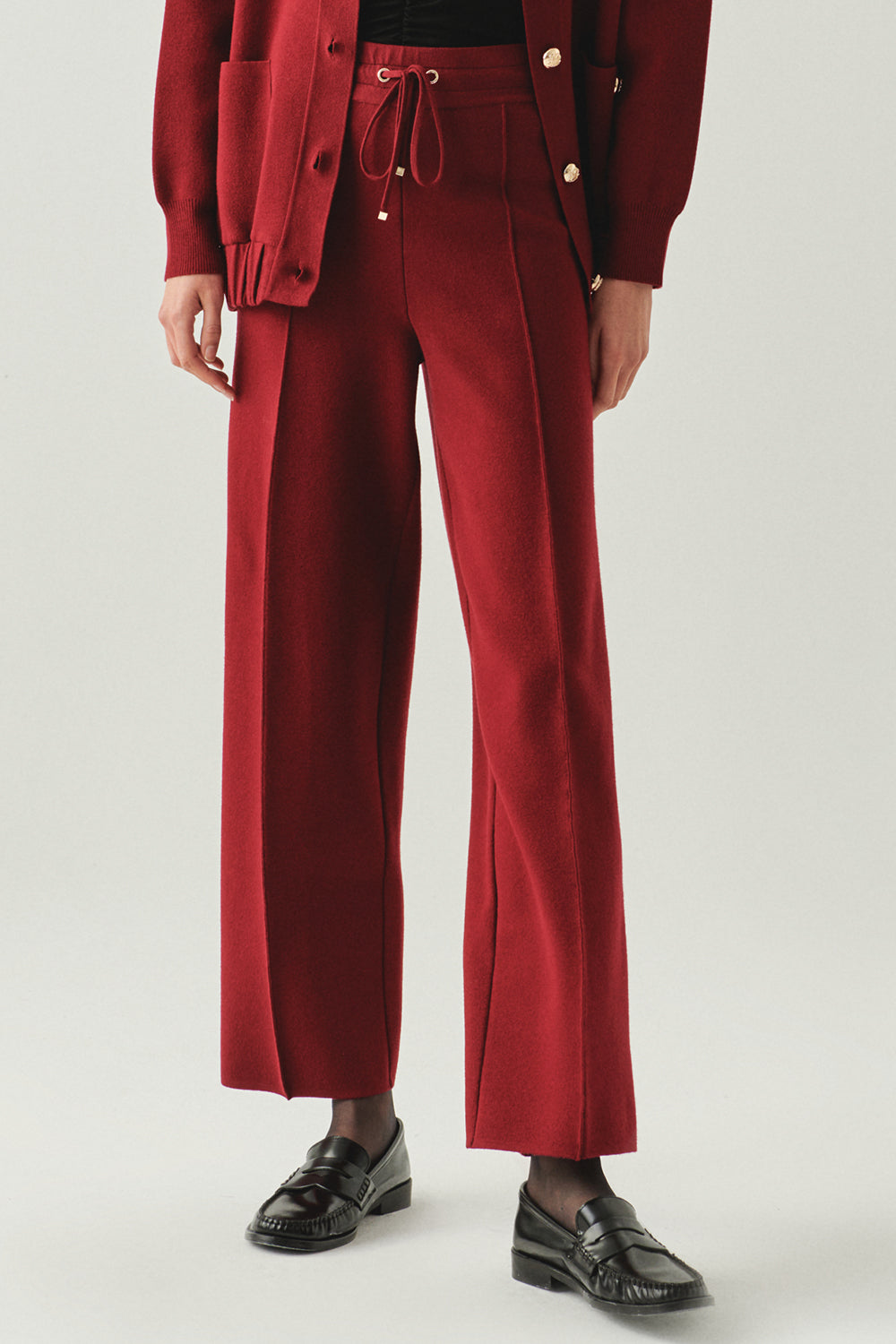 Exquise-Bağcıklı Regular Triko Vişne Pantolon-PANTOLON-6-Milagron.com