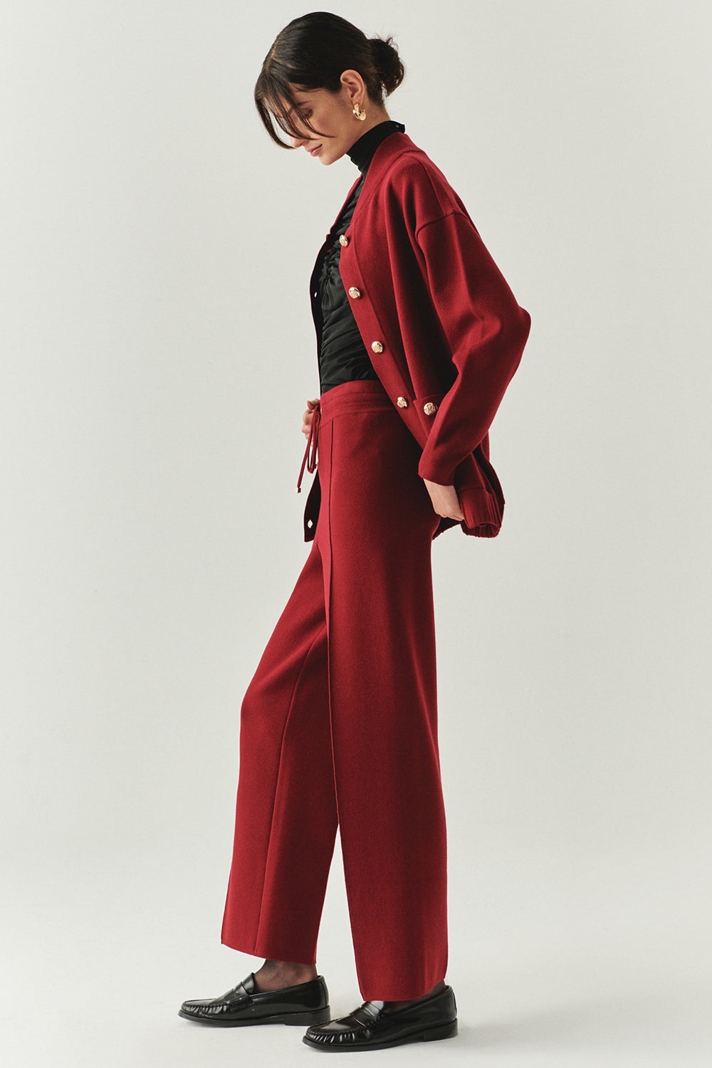 Exquise-Bağcıklı Regular Triko Vişne Pantolon-PANTOLON-8-Milagron.com