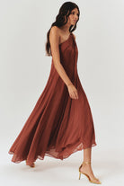 Exquise-Bağlama Detaylı A Kesim Pileli Kahverengi Elbise-ELBİSE-3-Milagron.com