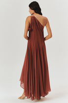 Exquise-Bağlama Detaylı A Kesim Pileli Kahverengi Elbise-ELBİSE-5-Milagron.com