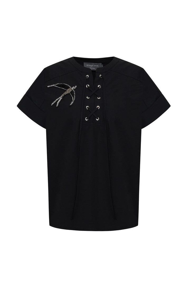 Exquise-Bağlama Yaka Detaylı İşlemeli Kısa Kol Regular Pamuklu Siyah Bluz-Bluz-6-Milagron.com