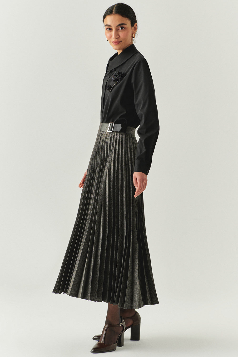 Exquise-Balık Sırtı Desenli Pilisoley Yüksek Bel Tokalı Regular Midi Gri Etek-ETEK-2-Milagron.com