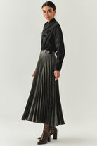 Exquise-Balık Sırtı Desenli Pilisoley Yüksek Bel Tokalı Regular Midi Gri Etek-ETEK-2-Milagron.com