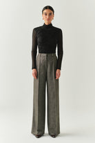 Exquise-Balık Sırtı Desenli Yüksel Bel Geniş Paçalı Cepli Regular Dokuma Duman Pantolon-PANTOLON-1-Milagron.com