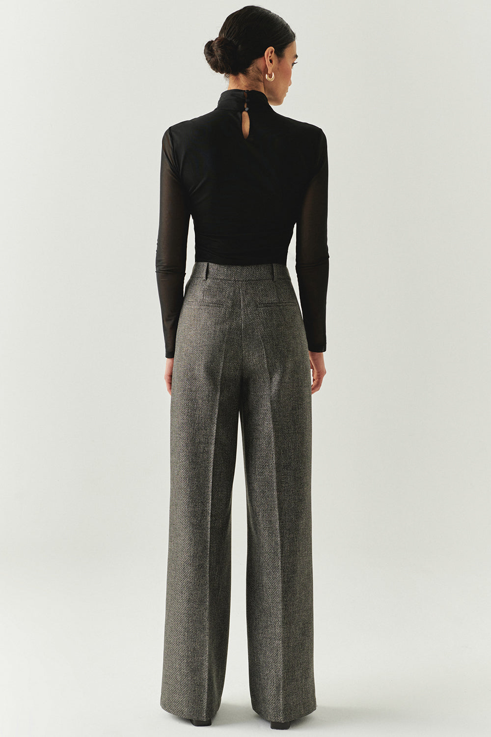 Exquise-Balık Sırtı Desenli Yüksel Bel Geniş Paçalı Cepli Regular Dokuma Gri Pantolon-PANTOLON-2-Milagron.com