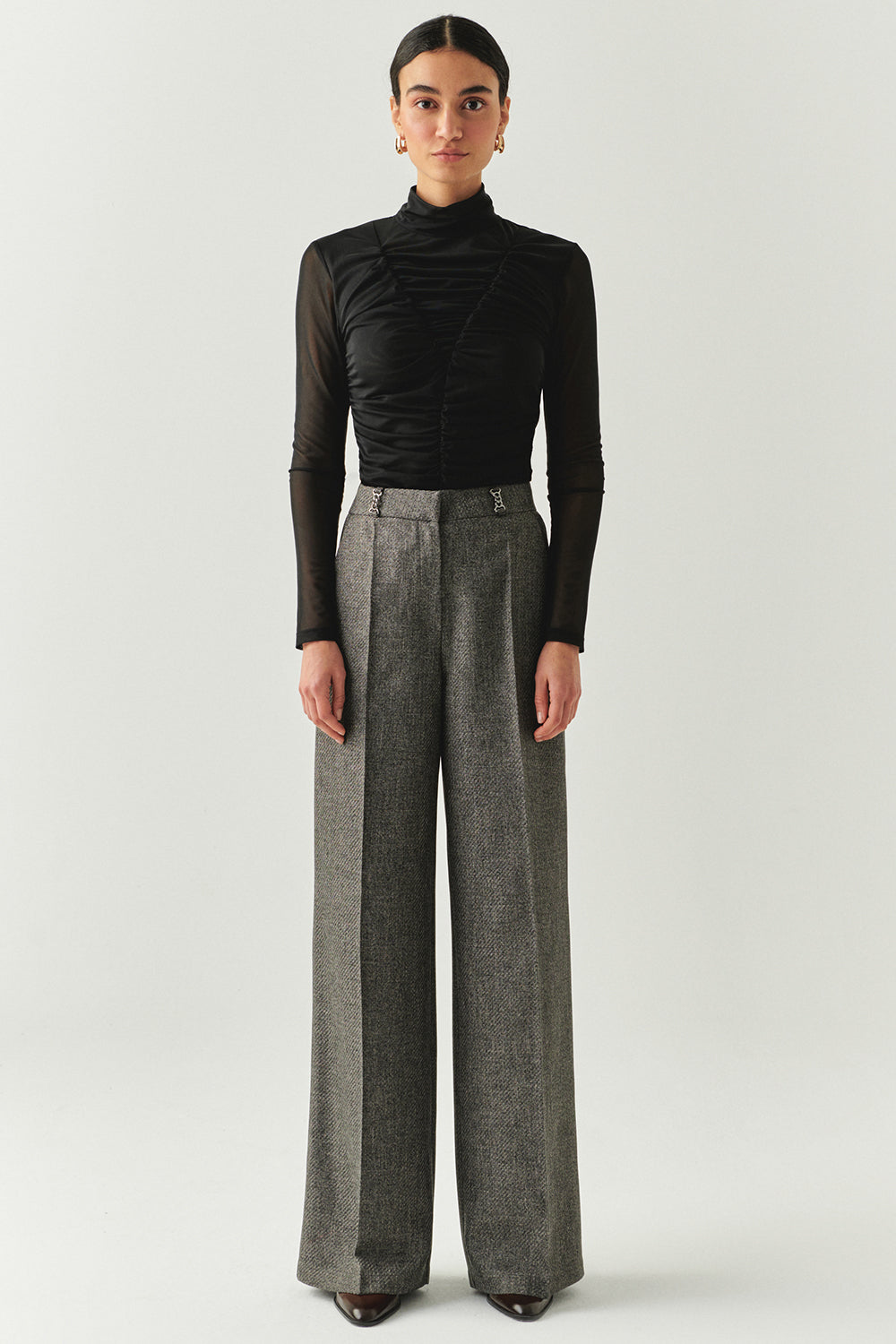 Exquise-Balık Sırtı Desenli Yüksel Bel Geniş Paçalı Cepli Regular Dokuma Gri Pantolon-PANTOLON-4-Milagron.com