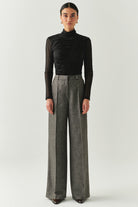 Exquise-Balık Sırtı Desenli Yüksel Bel Geniş Paçalı Cepli Regular Dokuma Gri Pantolon-PANTOLON-4-Milagron.com