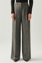 Exquise-Balık Sırtı Desenli Yüksel Bel Geniş Paçalı Cepli Regular Dokuma Gri Pantolon-PANTOLON-5-Milagron.com