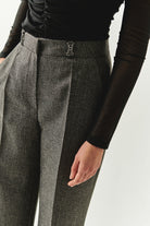 Exquise-Balık Sırtı Desenli Yüksel Bel Geniş Paçalı Cepli Regular Dokuma Gri Pantolon-PANTOLON-6-Milagron.com