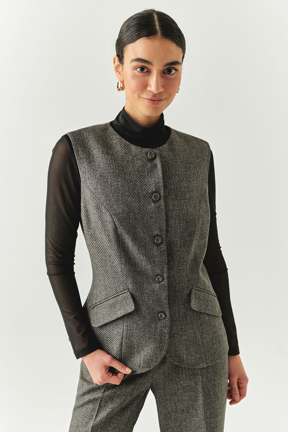 Exquise-Balıksırtı Desenli Bisiklet Yaka Astarlı Slim Fit Cepli Gri Yelek-YELEK-3-Milagron.com