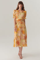 Exquise-Balon Kol Bisiklet Yaka Bele Oturan Soyut Desen Midi Elbise-ELBİSE-1-Milagron.com