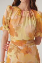 Exquise-Balon Kol Bisiklet Yaka Bele Oturan Soyut Desen Midi Elbise-ELBİSE-2-Milagron.com