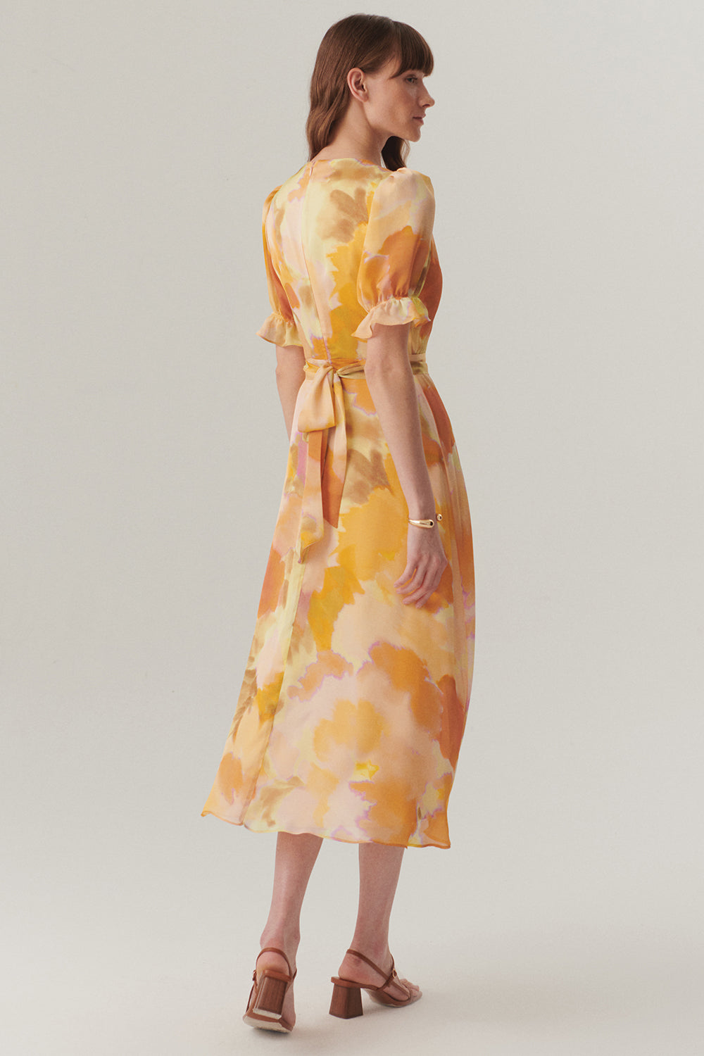 Exquise-Balon Kol Bisiklet Yaka Bele Oturan Soyut Desen Midi Elbise-ELBİSE-4-Milagron.com