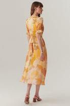 Exquise-Balon Kol Bisiklet Yaka Bele Oturan Soyut Desen Midi Elbise-ELBİSE-4-Milagron.com