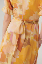 Exquise-Balon Kol Bisiklet Yaka Bele Oturan Soyut Desen Midi Elbise-ELBİSE-5-Milagron.com