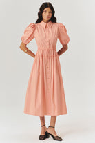 Exquise-Balon Kollu Belden Oturtmalı Somon Midi Boy Gömlek Elbise-ELBİSE-1-Milagron.com