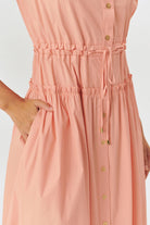 Exquise-Balon Kollu Belden Oturtmalı Somon Midi Boy Gömlek Elbise-ELBİSE-5-Milagron.com