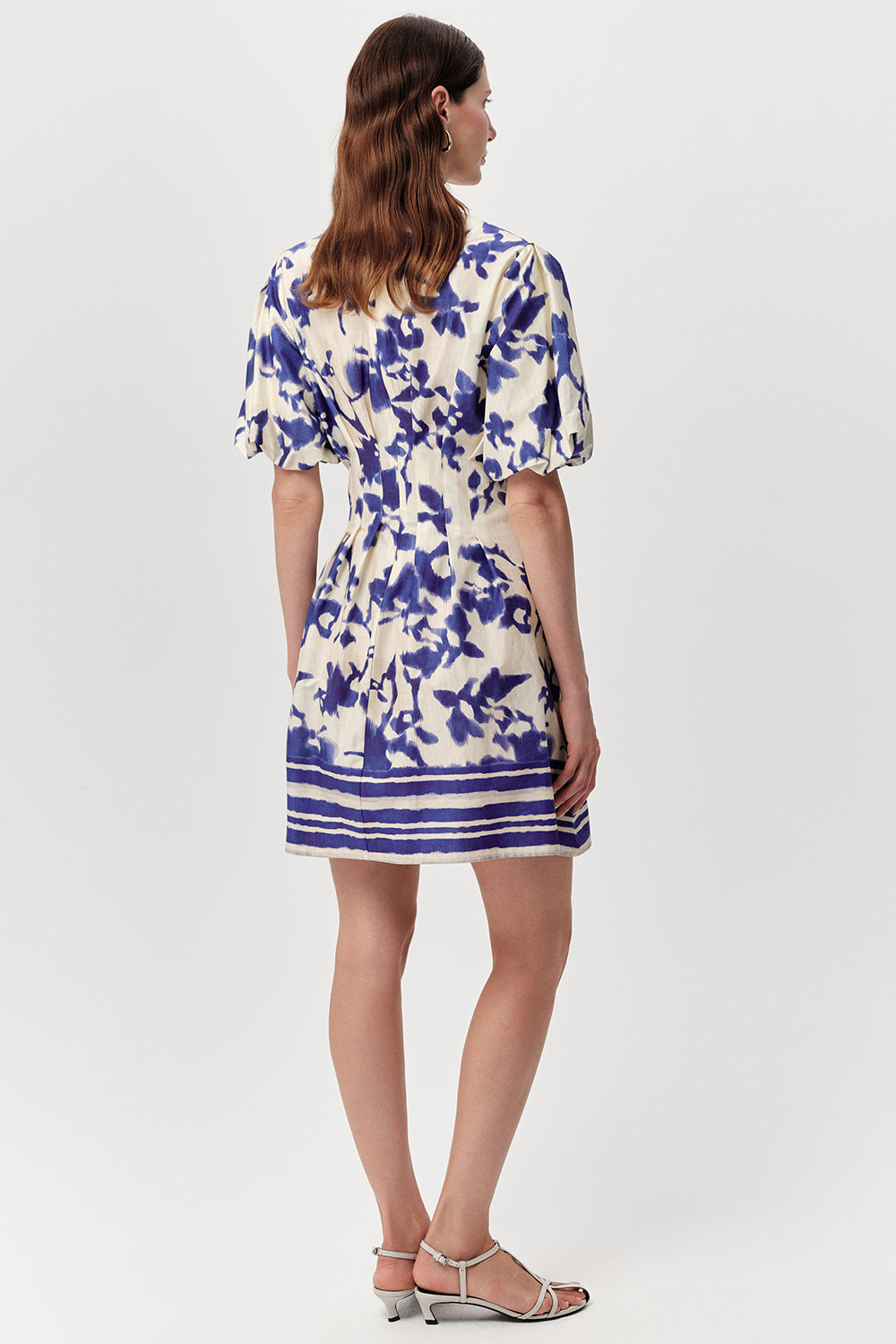 Balon Kollu Cepli Bele Oturan Fermuarlı Mini Saks Kemik Elbise