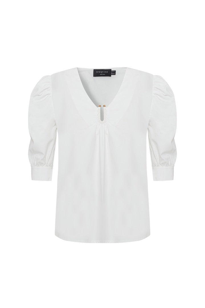 Exquise-Balon Kollu V Yaka Reguler Fit Poplin Beyaz Bluz-Bluz-6-Milagron.com