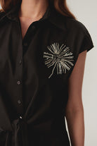 Exquise-Belden Bağlamalı Taş İşleme Detaylı Pamuklu Kısa Kol Siyah Gömlek-Gömlek-2-Milagron.com