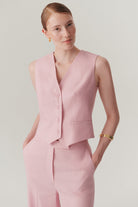 Exquise-Belden Oturtmalı Pudra Keten Yelek-Yelek-1-Milagron.com