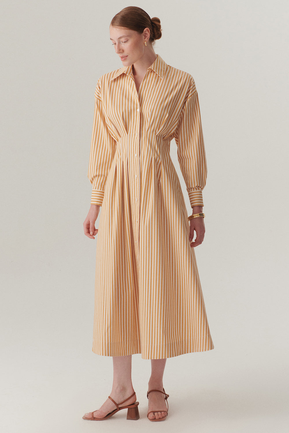 Exquise-Belden Oturtmalı çizgili Regular Midi Gömlek Elbise-ELBİSE-2-Milagron.com