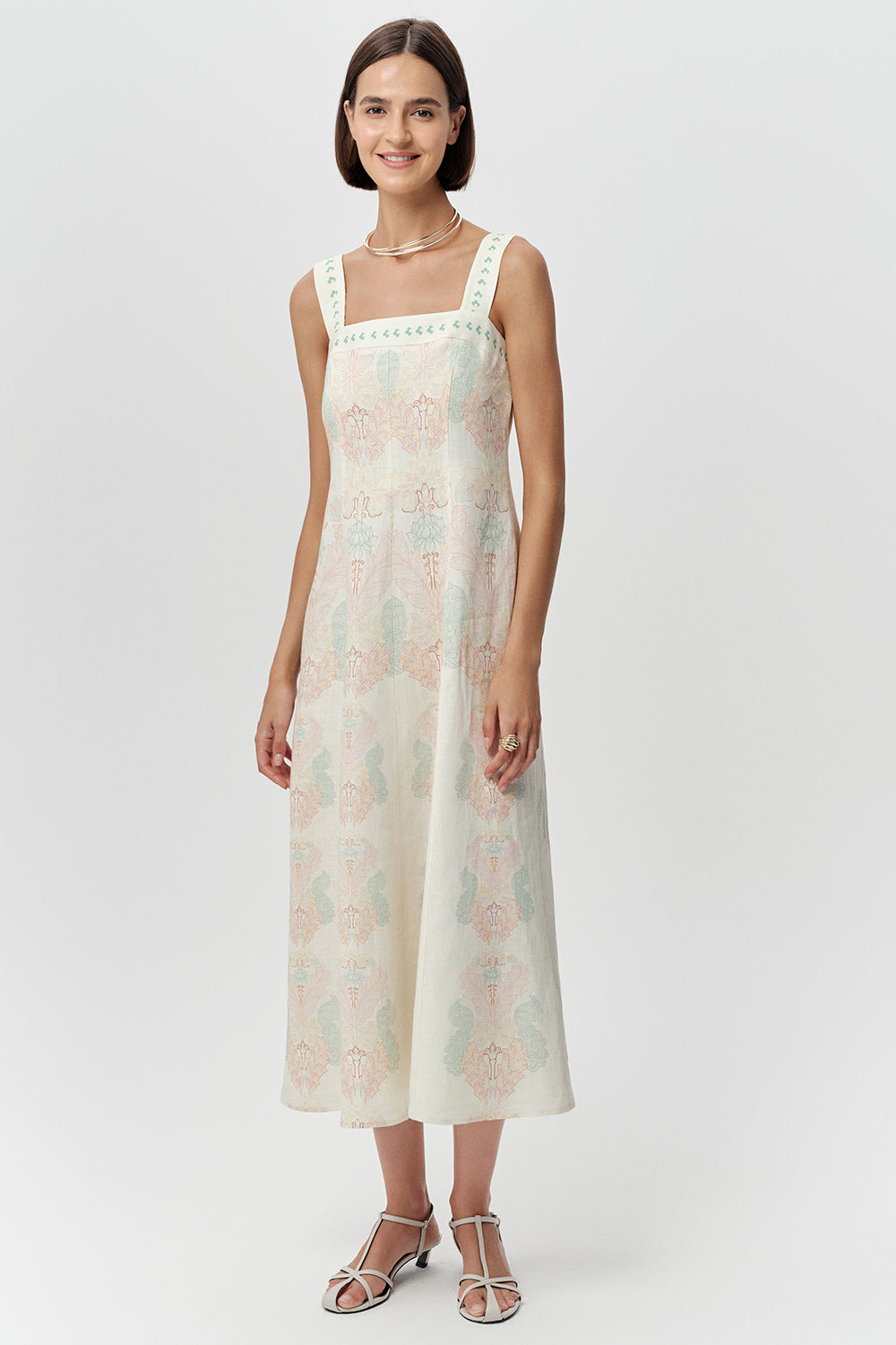 Bele Oturan Fermuarlı Keten Regular Midi Çok Renkli Elbise