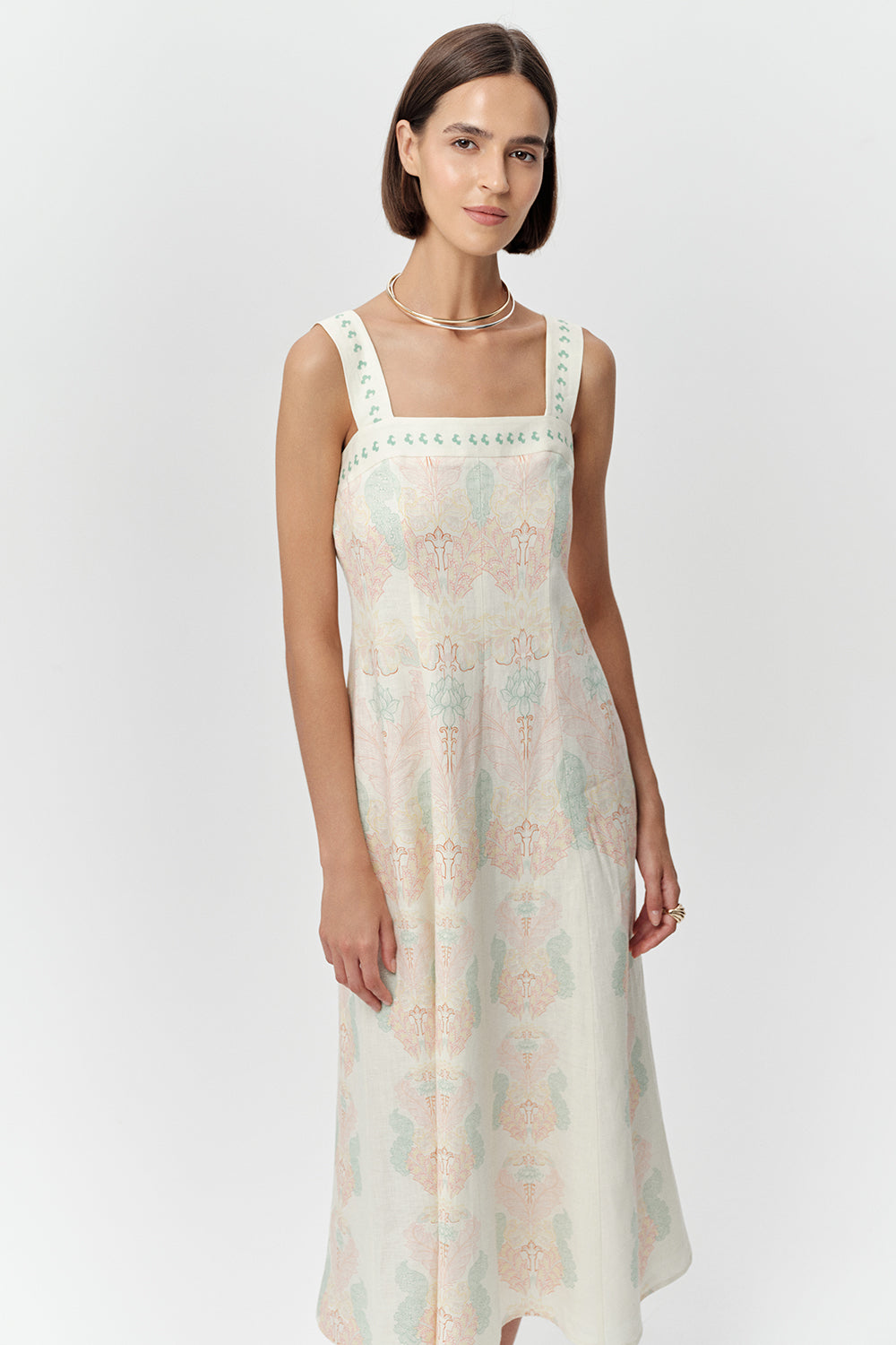 Bele Oturan Fermuarlı Keten Regular Midi Çok Renkli Elbise