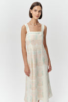 Bele Oturan Fermuarlı Keten Regular Midi Çok Renkli Elbise