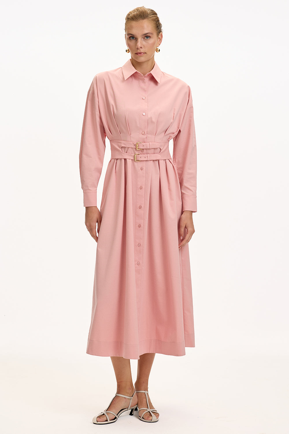 Exquise-Bele Oturan Kemer Detaylı Regular Midi Gömlek Elbise-ELBİSE-4-Milagron.com