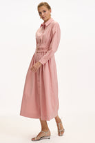 Exquise-Bele Oturan Kemer Detaylı Regular Midi Gömlek Elbise-ELBİSE-5-Milagron.com