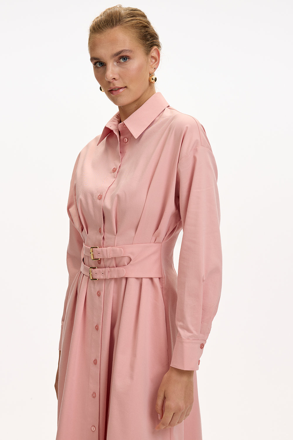 Exquise-Bele Oturan Kemer Detaylı Regular Midi Gömlek Elbise-ELBİSE-7-Milagron.com