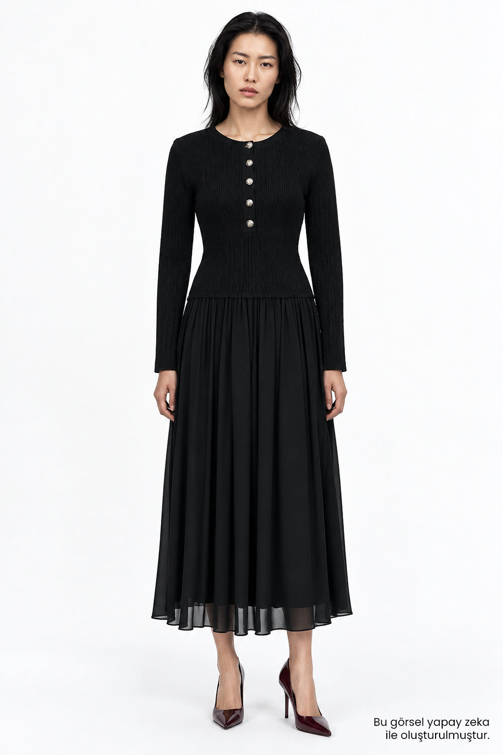 Bele Oturan Triko Garnili Astarlı Slim Fit Siyah Elbise