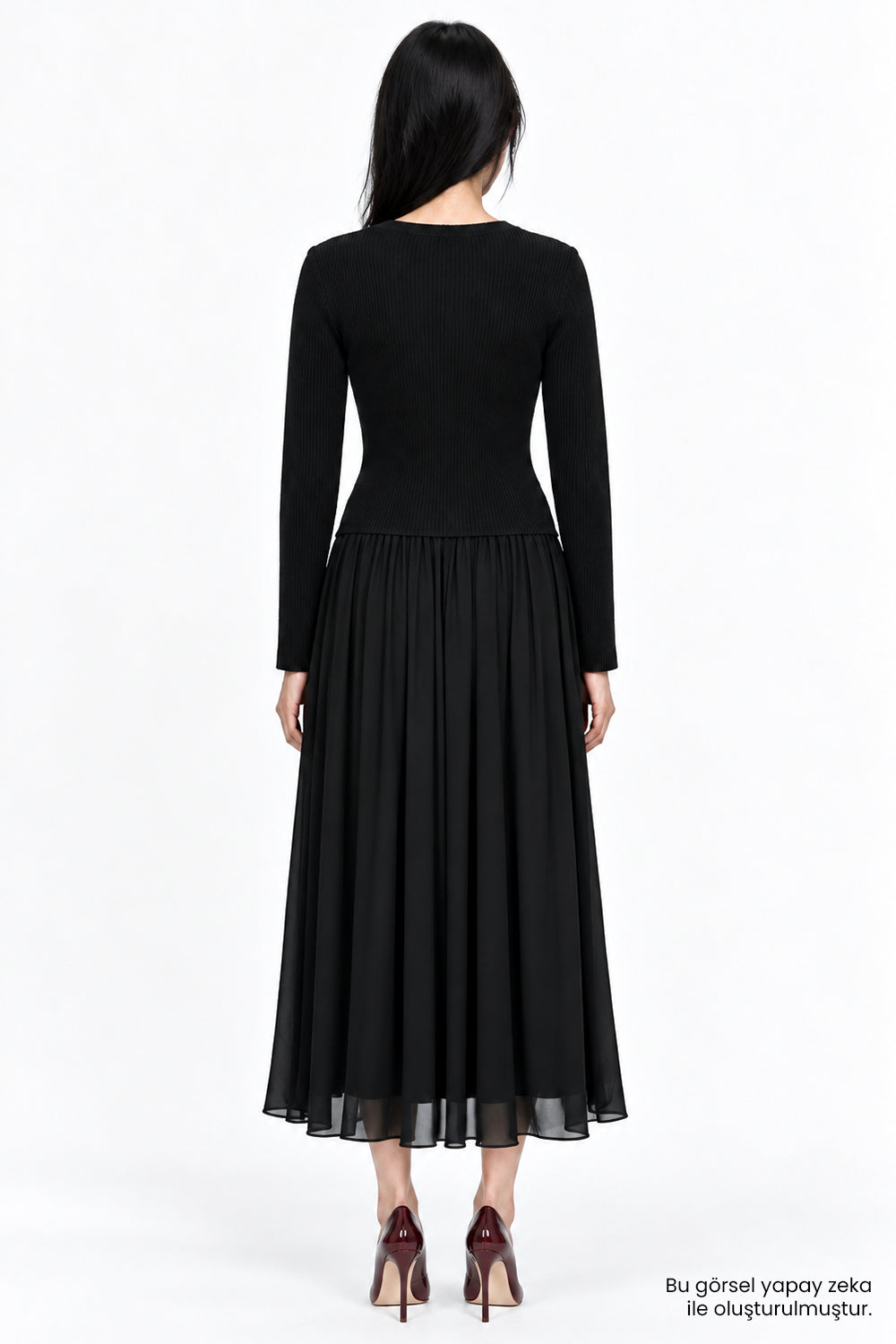 Bele Oturan Triko Garnili Astarlı Slim Fit Siyah Elbise