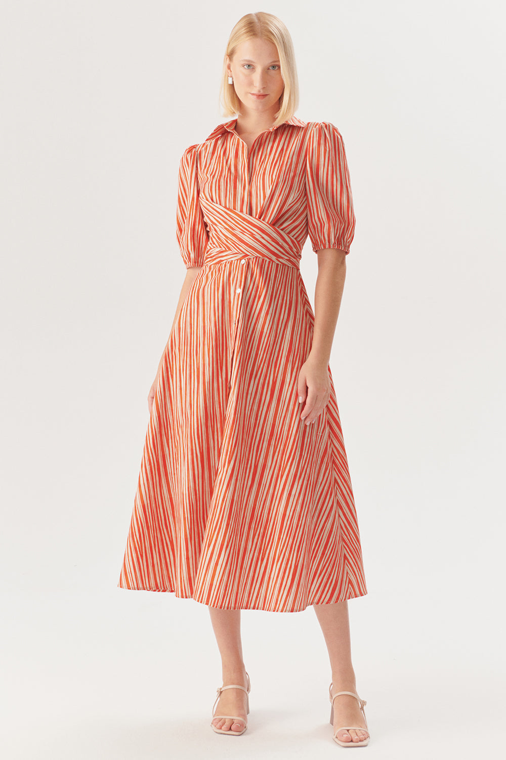 Exquise-Beli Bağlama Detaylı Kırmızı çizgili Midi Gömlek Elbise-ELBİSE-1-Milagron.com