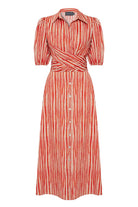 Exquise-Beli Bağlama Detaylı Kırmızı çizgili Midi Gömlek Elbise-ELBİSE-6-Milagron.com