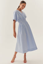 Exquise-Beli Büzgülü V Yaka Yarasa Kol Midi Elbise-Elbise-2-Milagron.com