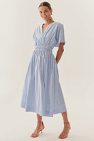 Exquise-Beli Büzgülü V Yaka Yarasa Kol Midi Elbise-Elbise-3-Milagron.com