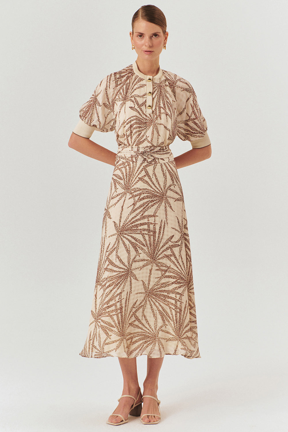 Exquise-Beli Büzgülü Yaprak Desenli Regular Rayon şifon Midi Boy Etek-Etek-1-Milagron.com