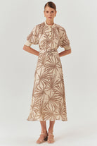 Exquise-Beli Büzgülü Yaprak Desenli Regular Rayon şifon Midi Boy Etek-Etek-1-Milagron.com