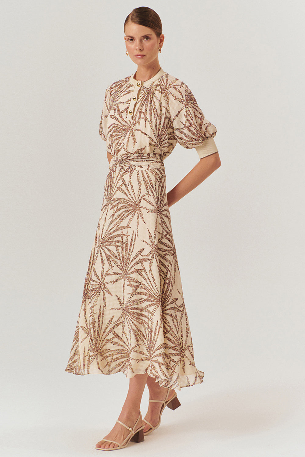 Exquise-Beli Büzgülü Yaprak Desenli Regular Rayon şifon Midi Boy Etek-Etek-4-Milagron.com