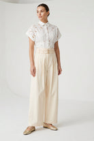 Beli Kemerli Yüksek Bel Pileli Cepli Culotte Ekru Pantolon
