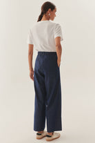 Exquise-Beli Lastikli Bağcık Detaylı İndigo Geniş Paça Pamuk Denim Pantolon-Kot Pantolon-4-Milagron.com